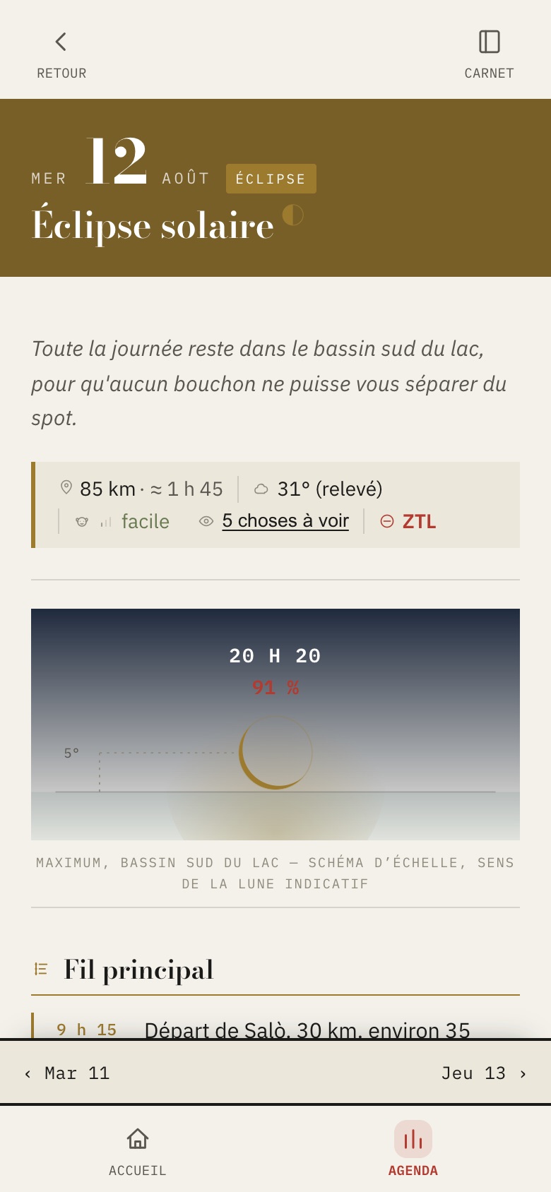 Écran du carnet sur téléphone : la journée du 12 août, 85 km, environ 1 h 45, et un schéma de l’éclipse indiquant 20 h 20 et 91 pour cent d’occultation.